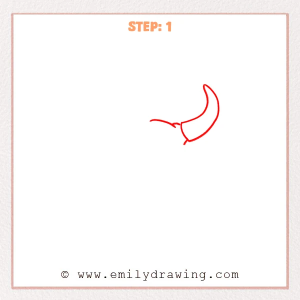 how to draw a bull skull - First step of a bull skull drawing showing one large curved horn with a small base band.